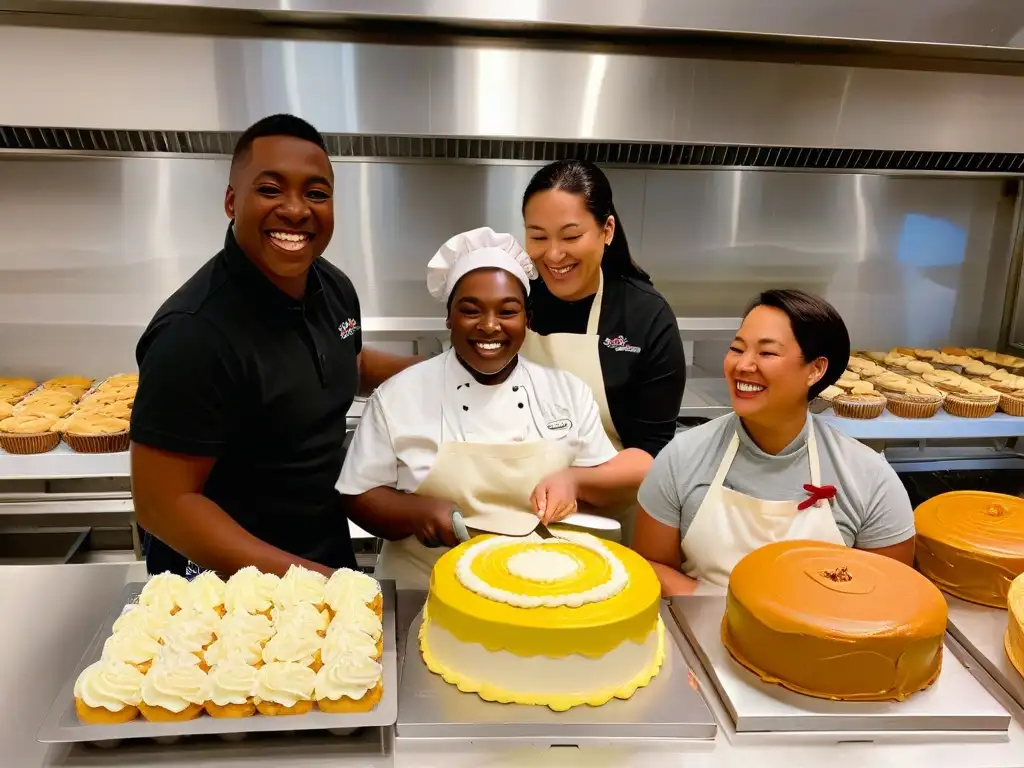 Un grupo diverso de panaderos con discapacidades trabajan felices juntos en una cocina, mostrando sus habilidades únicas