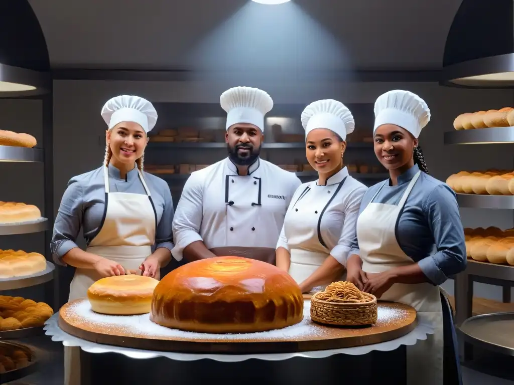 Un grupo diverso de panaderos profesionales de todo el mundo, con atuendos y herramientas tradicionales, representando la diversidad culinaria global