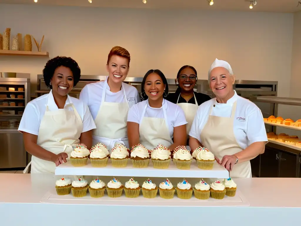 Grupo diverso en una pastelería inclusiva decorando cupcakes juntos con técnicas seguras alergias alimentarias repostería