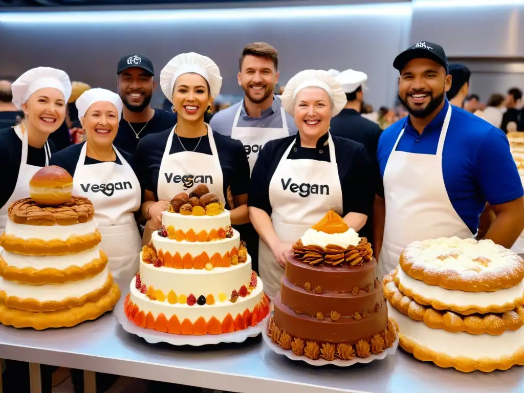 Un grupo diverso de pasteleros veganos sonrientes en un festival de postres veganos, exhibiendo sus creaciones