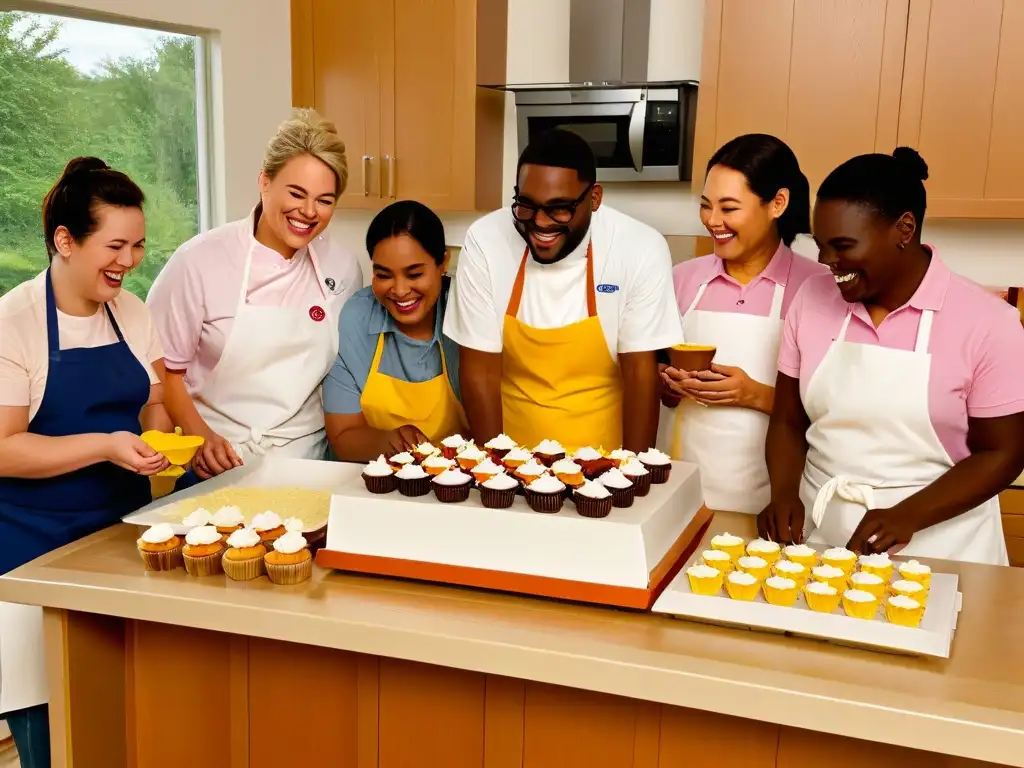 Un grupo diverso de personas con discapacidades decorando cupcakes en una cocina brillante