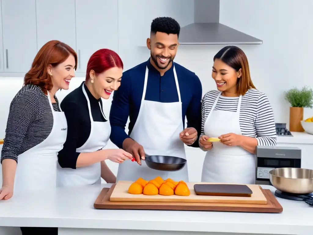 Un grupo diverso de personas con distintas habilidades horneando juntas en una cocina moderna llena de tecnología para la repostería inclusiva