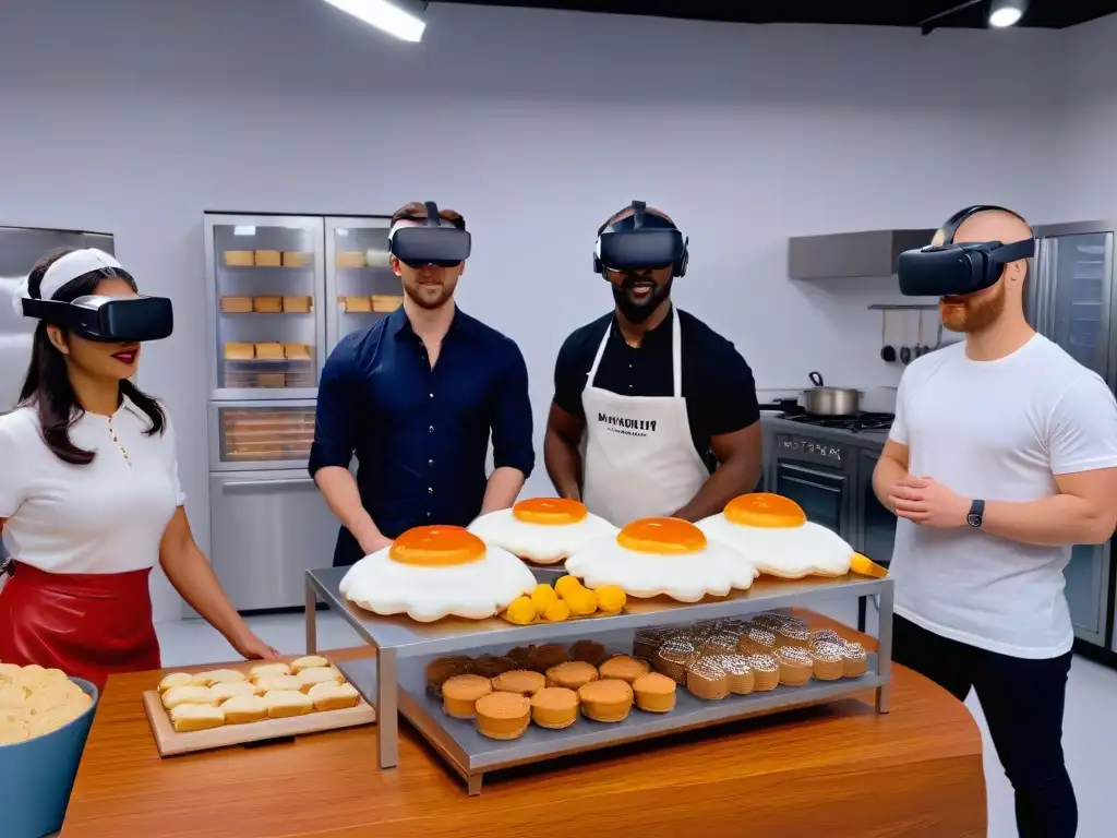 Un grupo diverso de personas con distintas habilidades y discapacidades, inmersas en una panadería virtual usando cascos de Realidad Virtual