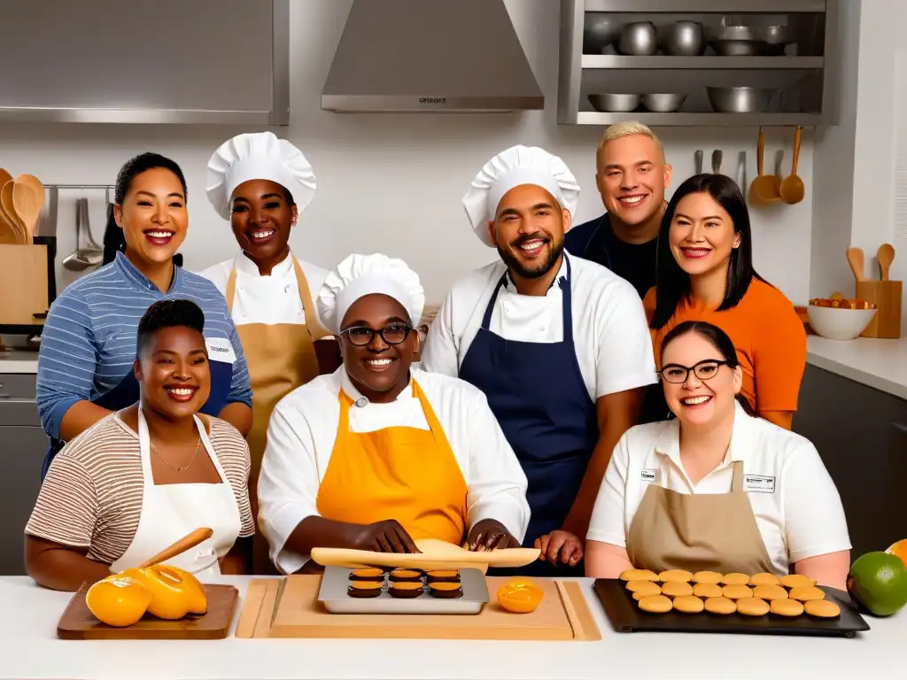 Un grupo diverso de personas con distintas habilidades y discapacidades hornean juntas en una cocina moderna, destacando la accesibilidad en cursos de repostería online