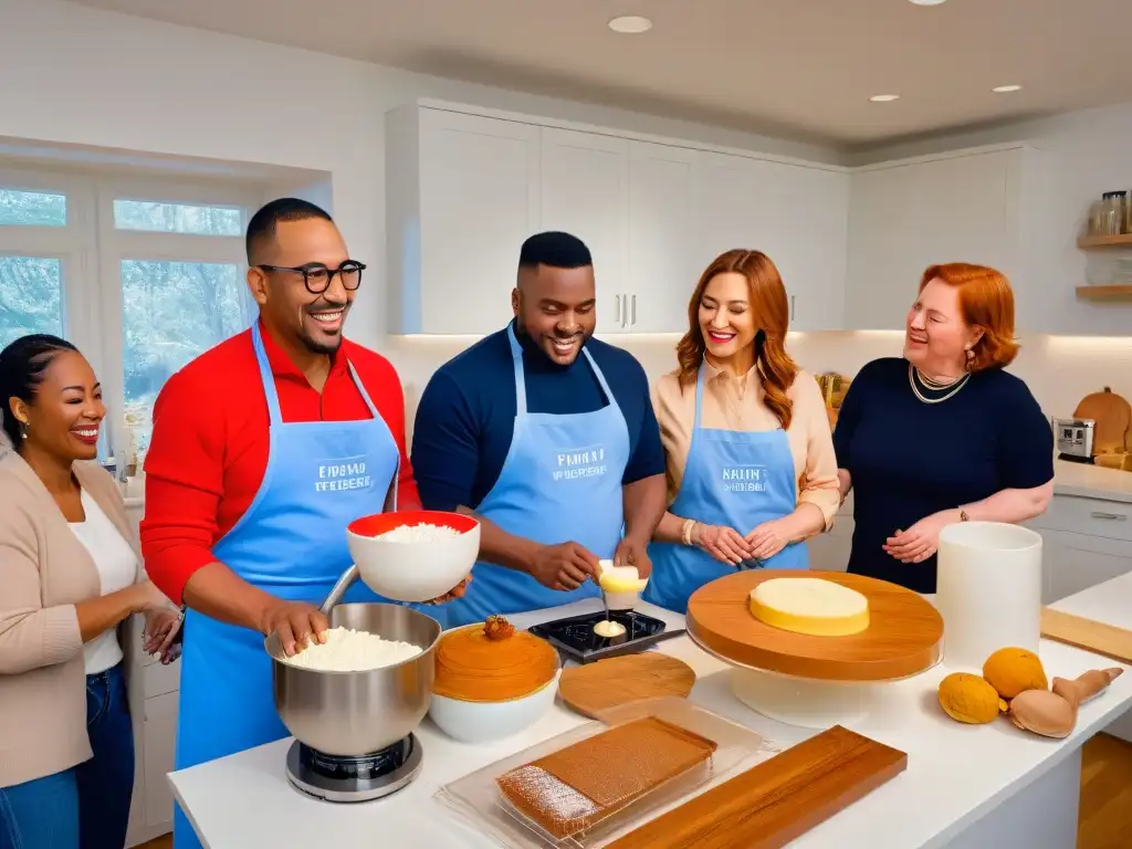 Un grupo diverso de personas con limitaciones físicas horneando juntas en una cocina adaptada y luminosa, mostrando inclusividad y empoderamiento