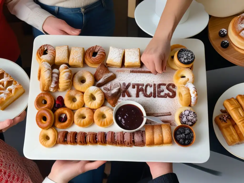 Un grupo diverso de personas compartiendo pastelería casera, comunicándose en lenguaje de señas en una mesa de cocina