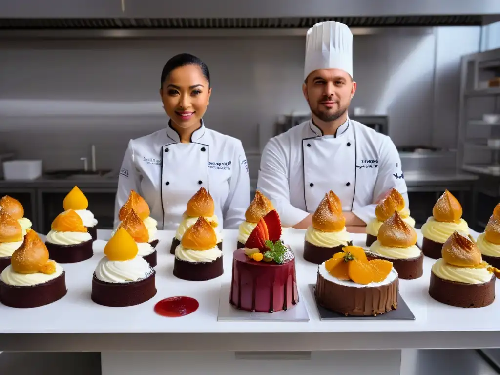 Un grupo diverso de reposteros líderes practicando éticas, creando postres innovadores con ingredientes sostenibles en cocina moderna