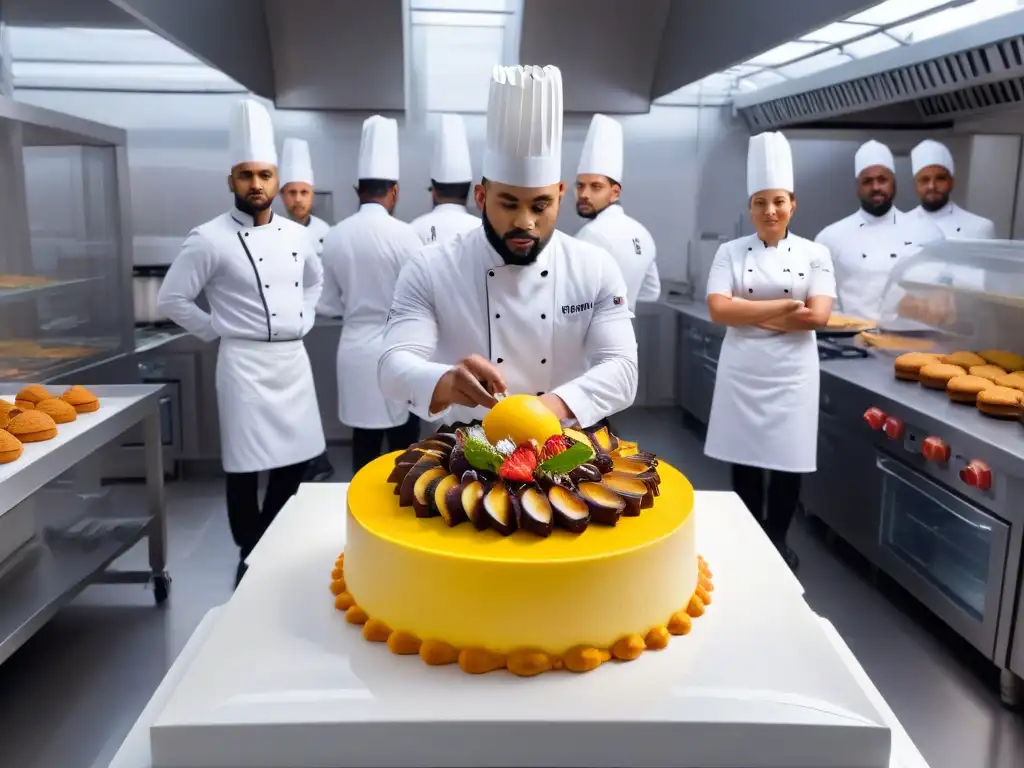 Un grupo diverso de reposteros líderes en prácticas éticas creando postres elaborados en una cocina moderna y ética