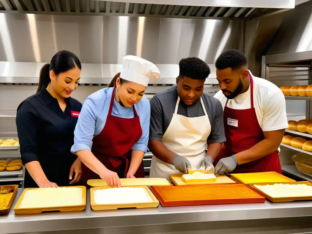 Un grupo diverso colabora en un taller de repostería inclusiva adaptado, mostrando trabajo en equipo y diversidad