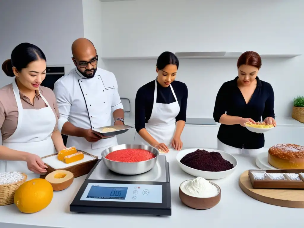 Un grupo diverso usa tecnología en la repostería: apps, gadgets y herramientas de alta tecnología en una cocina moderna