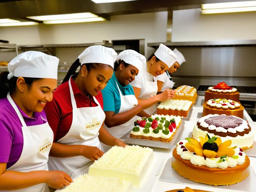Voluntarios apasionados creando obras de arte comestibles en panadería Un grupo diverso de voluntarios, desde jóvenes hasta mayores, decorando pasteles con esmero en una cocina de panadería