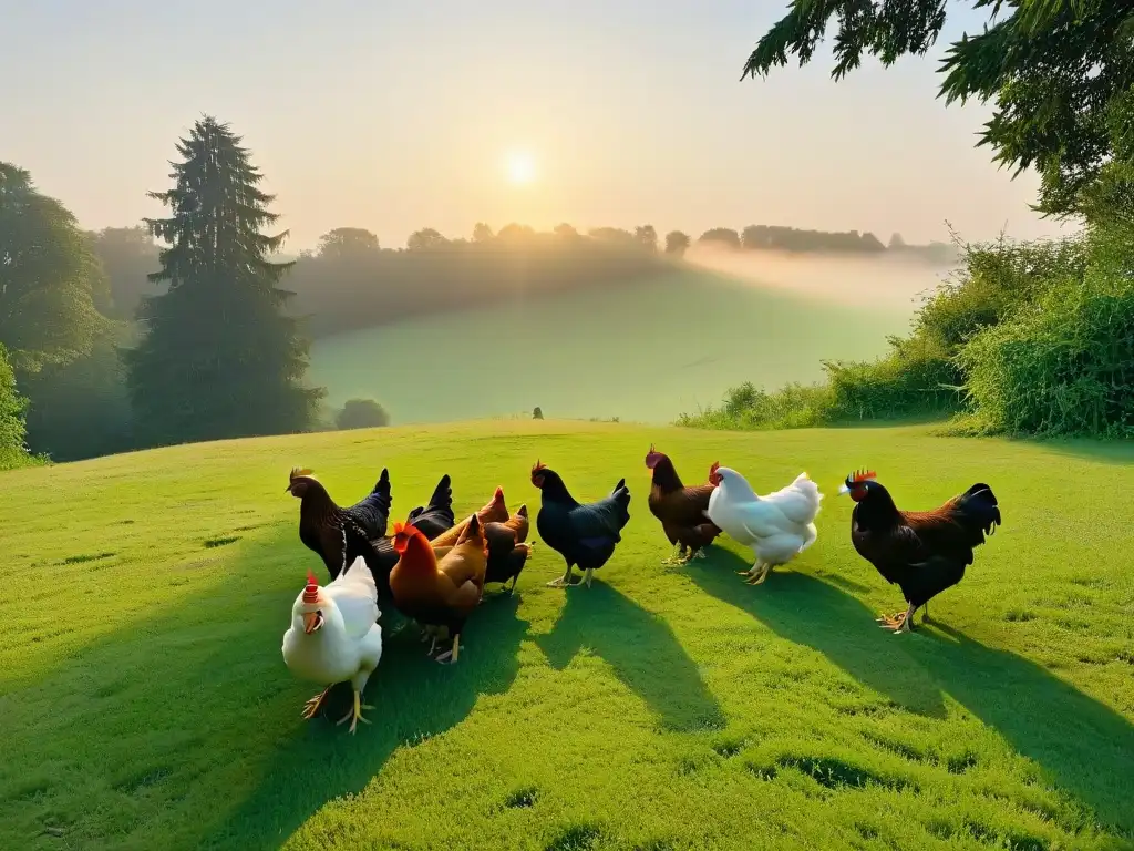 Un grupo de gallinas libres disfrutando del sol en un prado sereno, ideal para la producción de huevos éticos de gallinas libres