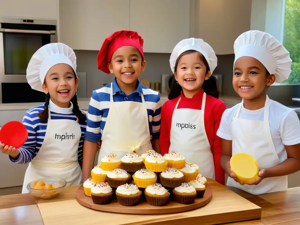 Grupo de niños decorando cupcakes juntos en una cocina luminosa, transmitiendo los beneficios creativos de la repostería