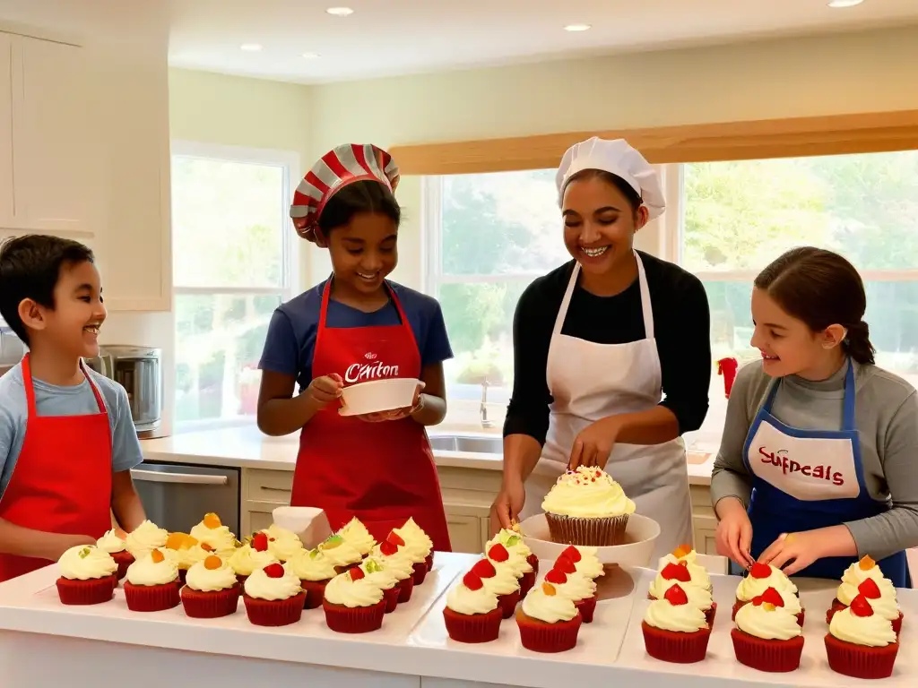 Grupo de niños decorando cupcakes juntos en una cocina llena de color, aprendiendo en un ambiente alegre y educativo