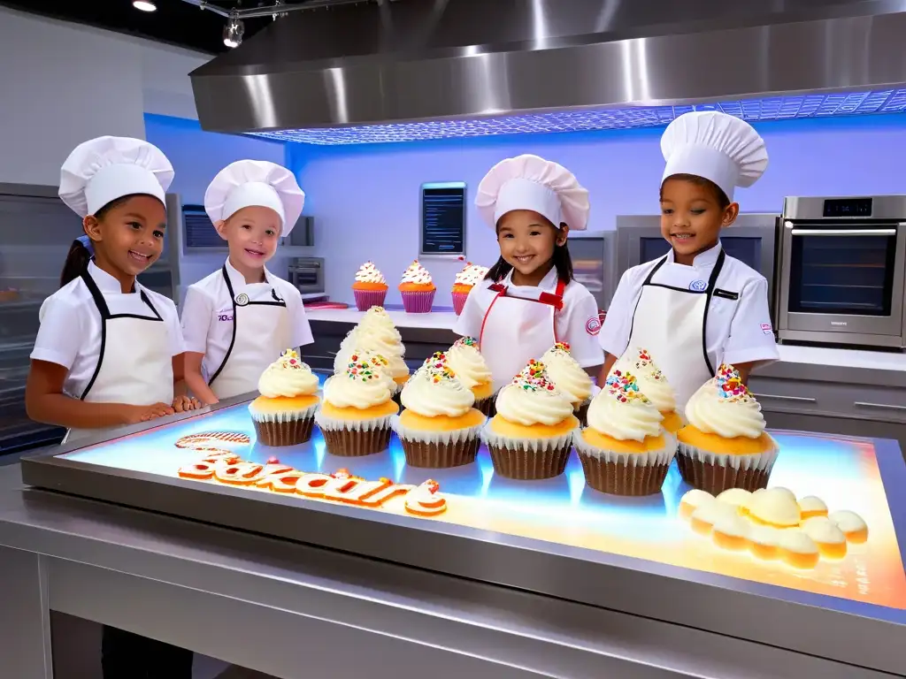 Un grupo de niños en delantales y gorros de chef interactúan con hologramas de cupcakes en una cocina moderna