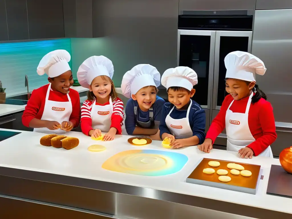 Un grupo de niños con delantales y gorros de chef, interactúan divertidos con ingredientes de repostería en Realidad Aumentada en una cocina futurista