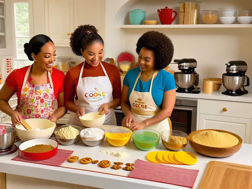 Un grupo de niños de distintas etnias horneando juntos en una cocina colorida y creativa