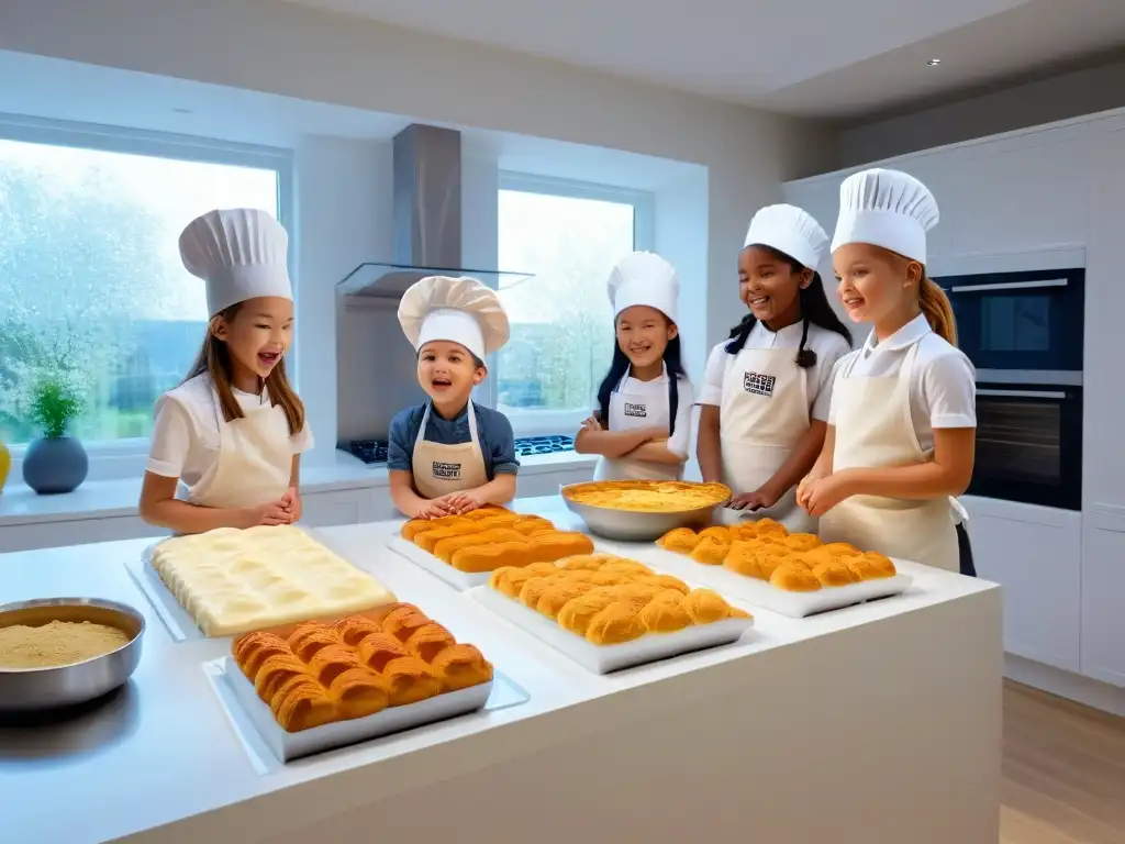 Un grupo de niños con gorros de chef y delantales interactúan con instrucciones de repostería en Realidad Aumentada, en una cocina moderna y luminosa