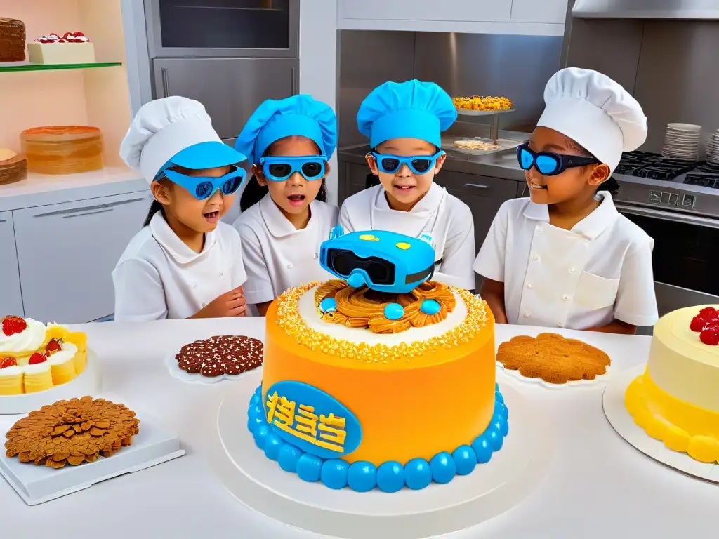 Un grupo de niños decorando pasteles en una cocina futurista con realidad aumentada