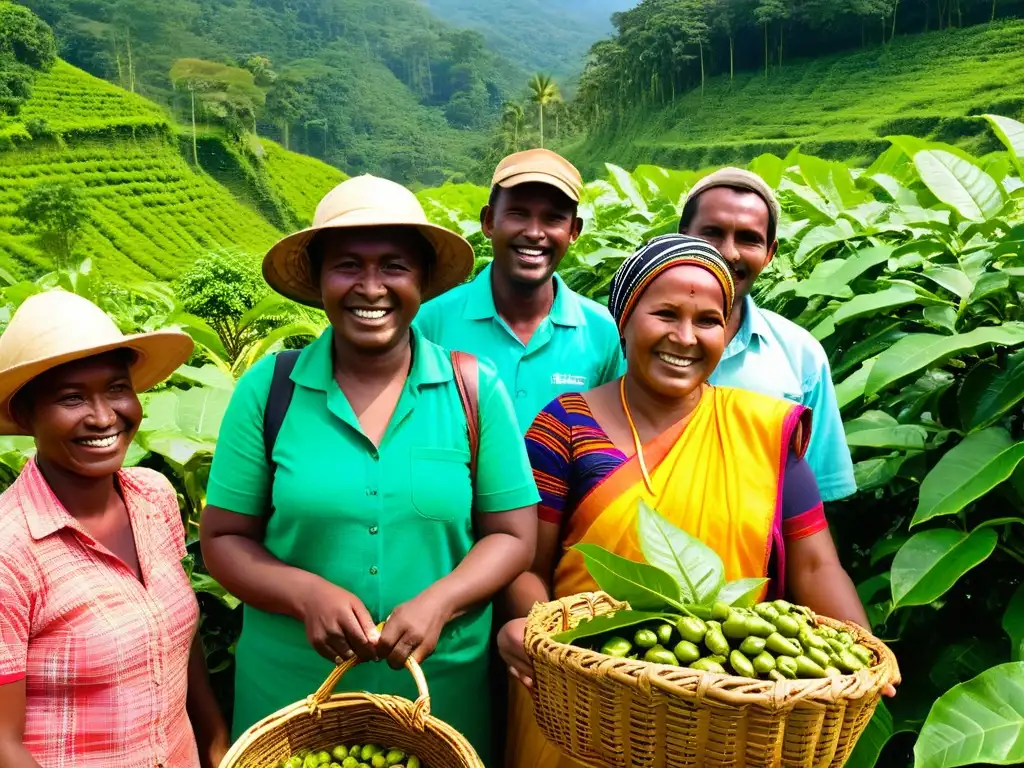 Un grupo de productores de ingredientes comercio justo sonrientes recolectando café en una plantación, representando unidad y orgullo