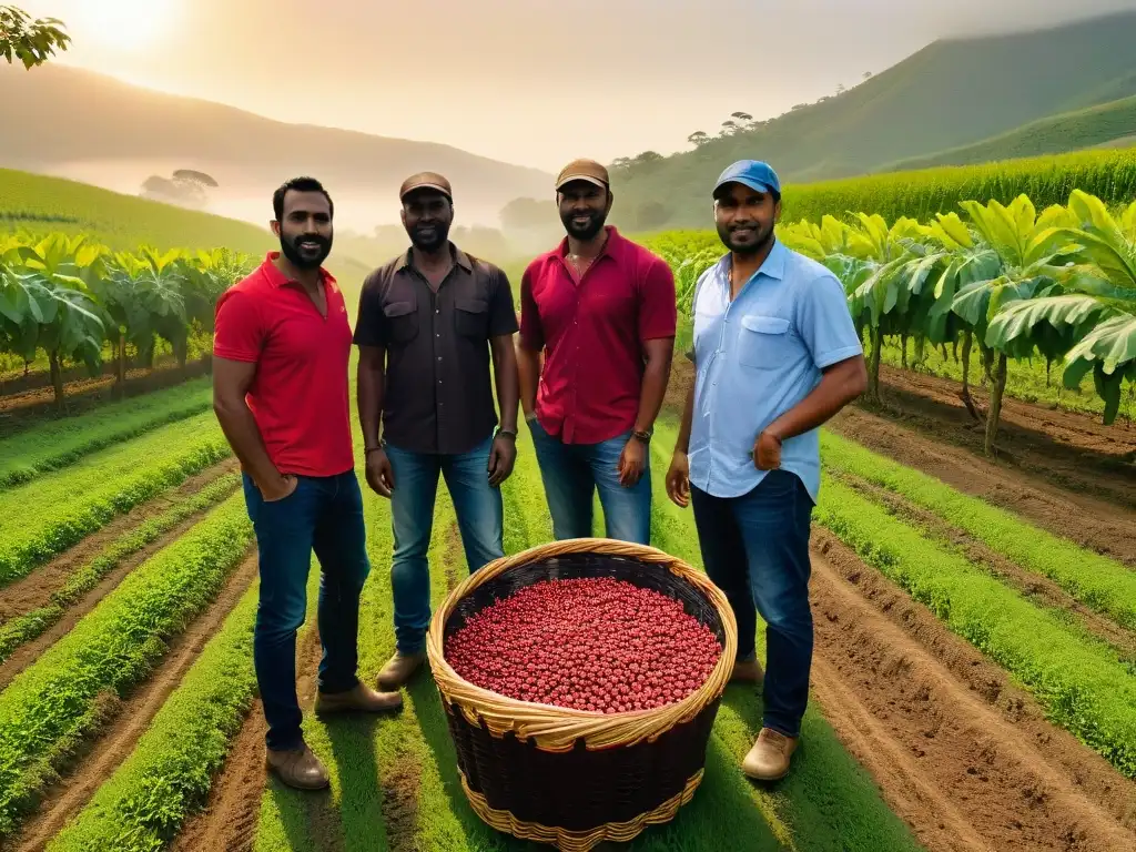 Un grupo de productores de ingredientes comercio justo de diferentes partes del mundo, unidos en un campo verde al atardecer