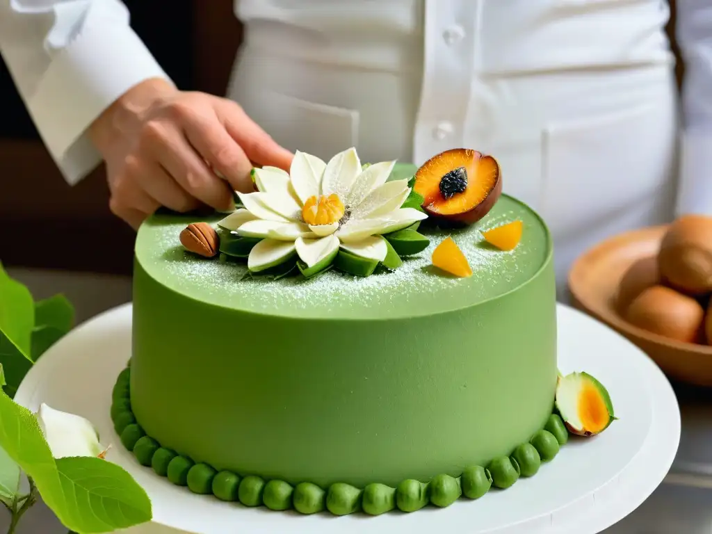 Arte sostenible: Chef crea flor de azúcar en jardín Un hábil chef de repostería sostenible moldea una delicada flor de azúcar en un entorno natural