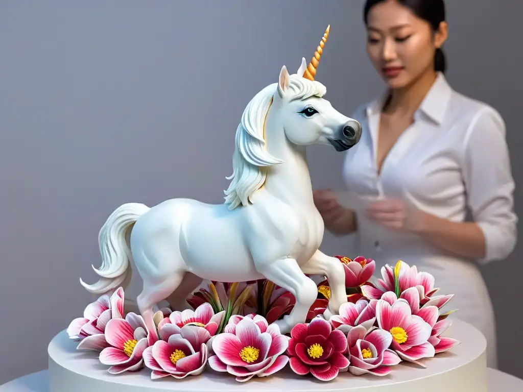 Un hábil escultor de azúcar creando una detallada escultura de unicornio rodeado de flores y mariposas esculpidas