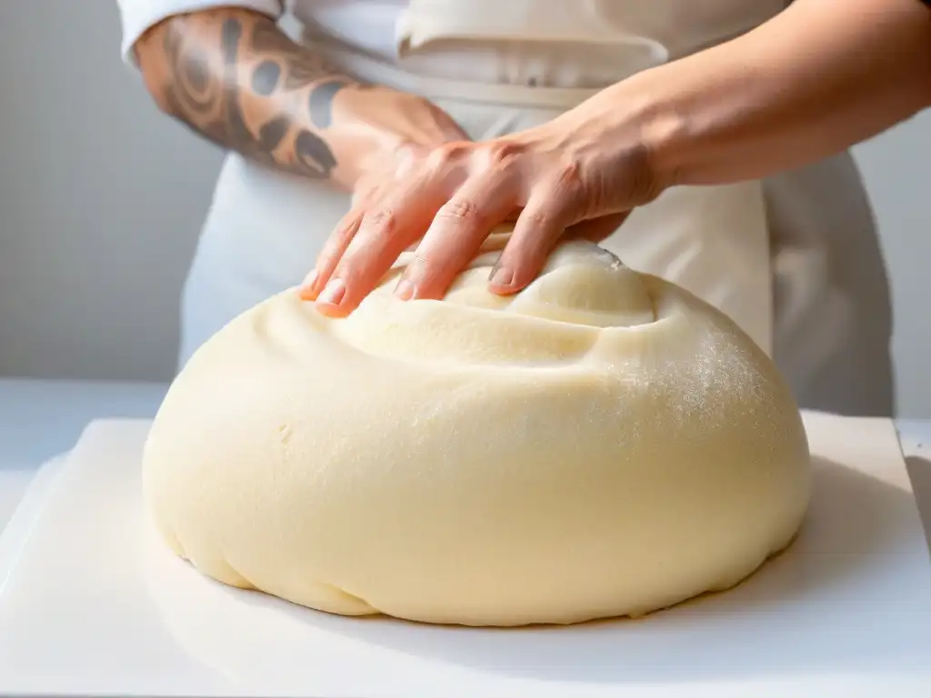 Hábil manejo del gluten en repostería: manos expertas estiran la masa de forma delicada, revelando sus hilos y textura elástica para hornear