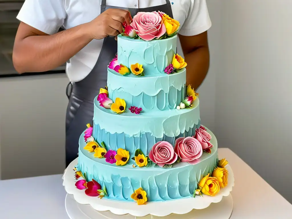 Un hábil repostero decora una torta con diseño floral usando crema de colores