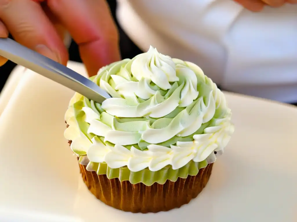 Las hábiles manos de un chef decorando un cupcake con precisión