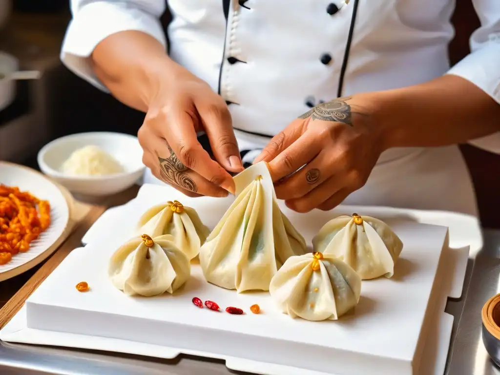 Las hábiles manos de un chef doblando una envoltura de dumpling, en un mercado asiático vibrante