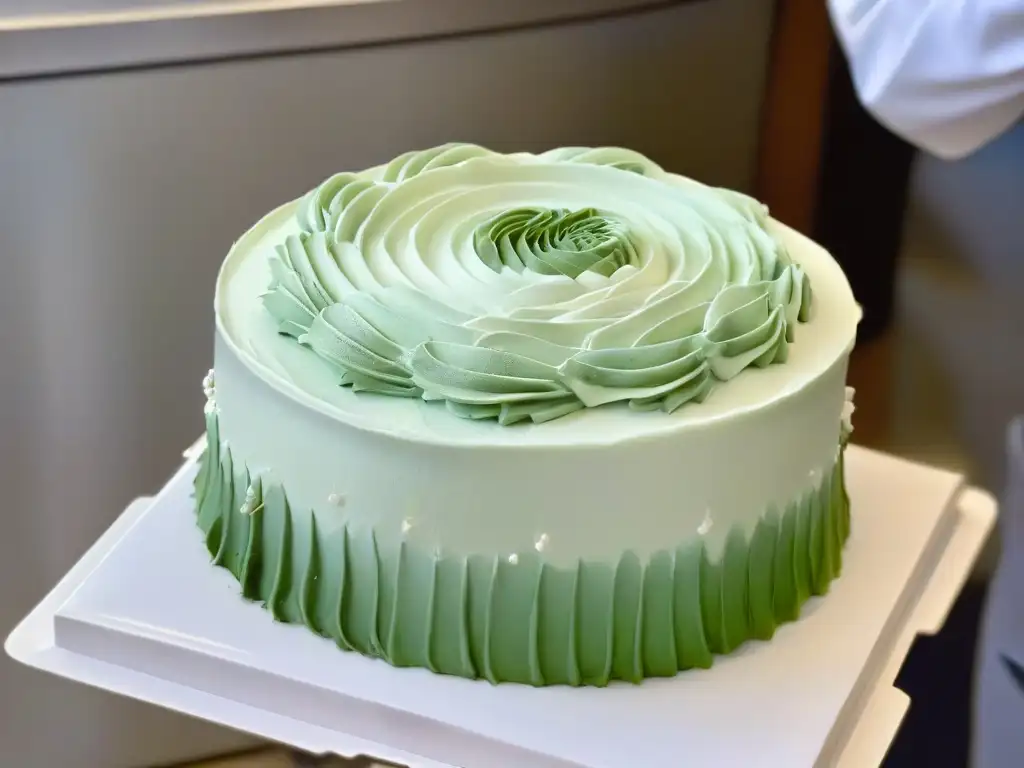 Las hábiles manos de un chef pastelero decorando un elegante pastel en un concurso de repostería