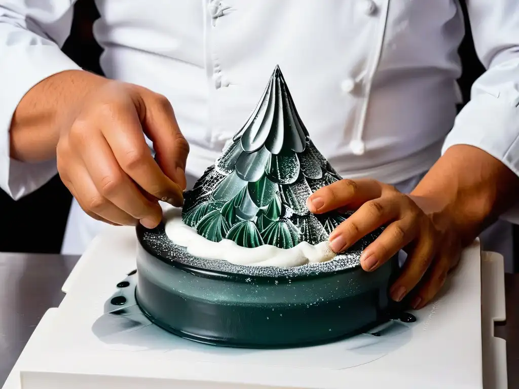 Las hábiles manos de un chef repostería moldean con precisión una escultura transparente de isomalt, reflejando la luz ambiental en la cocina