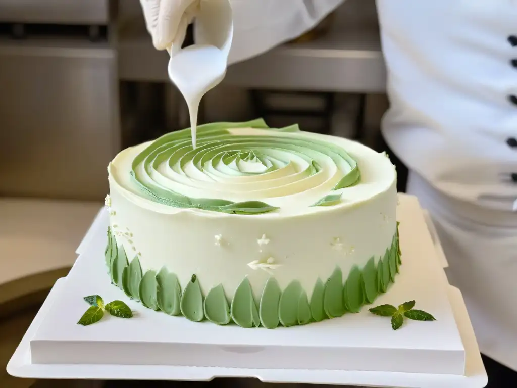 Habilidoso pastelero decora con precisión una elegante tarta en pastelería moderna