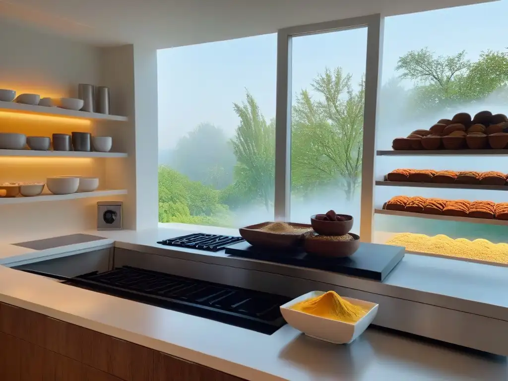 Harinas alternativas para repostería premium: Imagen de una cocina moderna con harinas de almendra y coco en elegante empaque, iluminadas por el sol