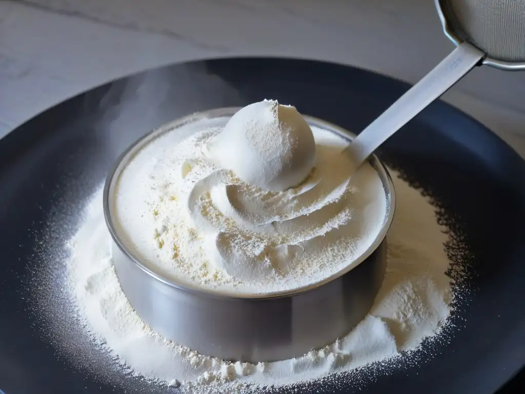 Harinas sin gluten para repostería: un tamiz reluciente lleno de harina fina, creando una nube de polvo suspendida en el aire