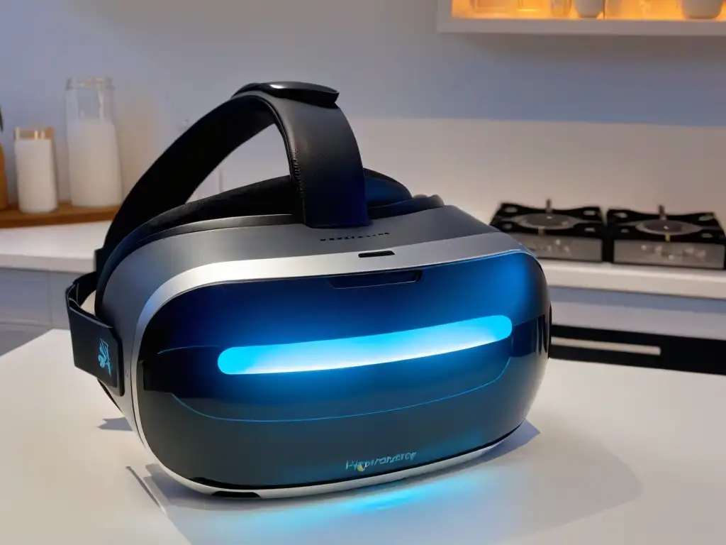 Un headset de realidad virtual en una cocina moderna, iluminado con suavidad