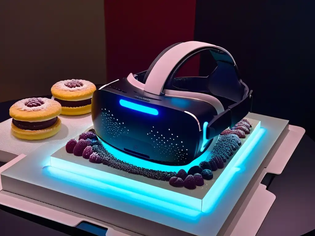 Un headset de Realidad Virtual flotando entre postres de diferentes culturas en un espacio digital