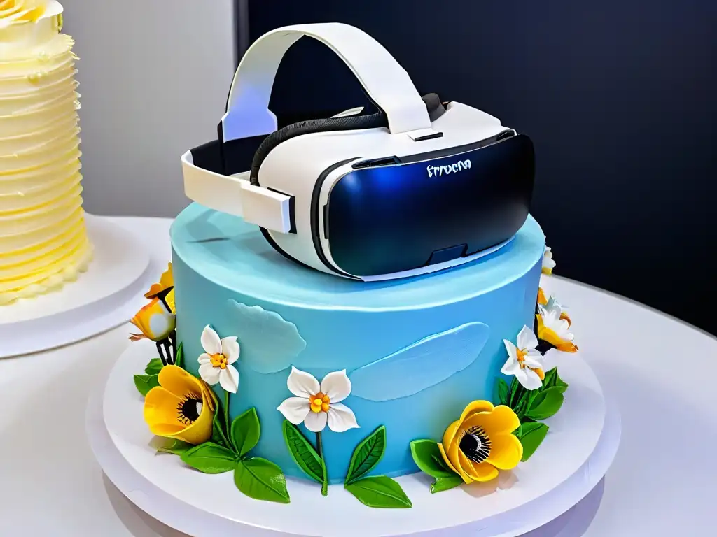 Realidad virtual fusionada en pastelería creativa Un headset de Realidad Virtual en repostería: fusión tecnológica y creatividad en un pastel decorado con detalle y colorido