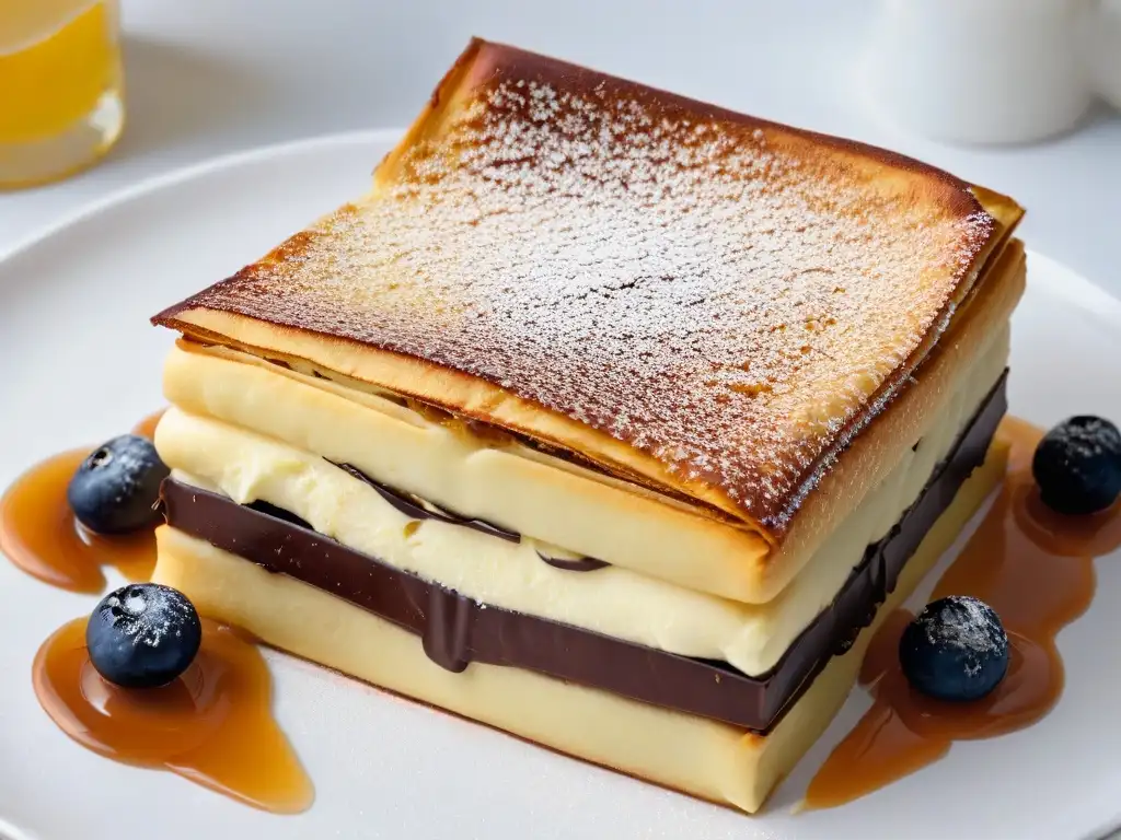 Martabak manis recién hecho con chocolate derretido y nueces, en un elegante plato blanco