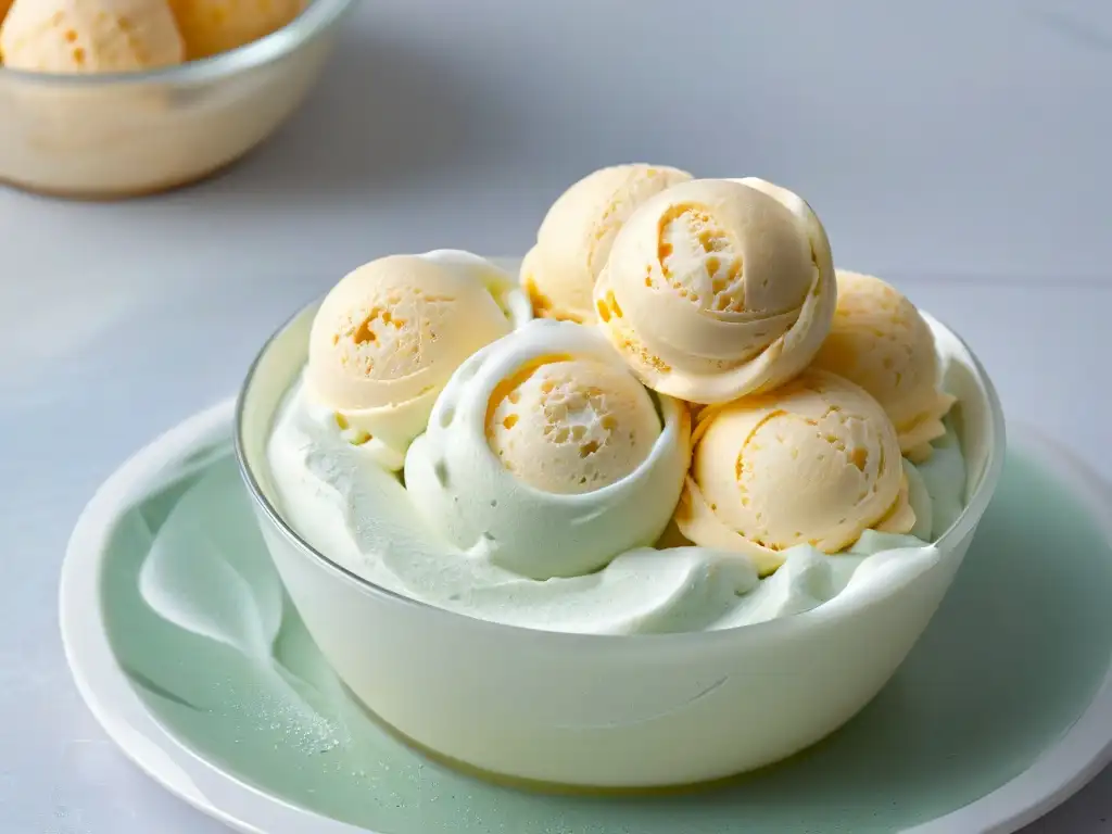 Un helado casero perfectamente cremoso, con cristales de hielo, en un elegante plato de vidrio