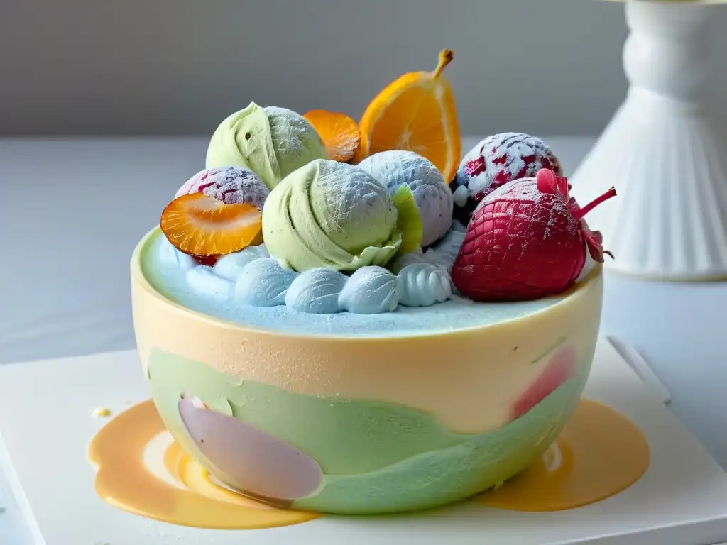 Un helado casero divertido en un bol decorativo con frutas y nueces