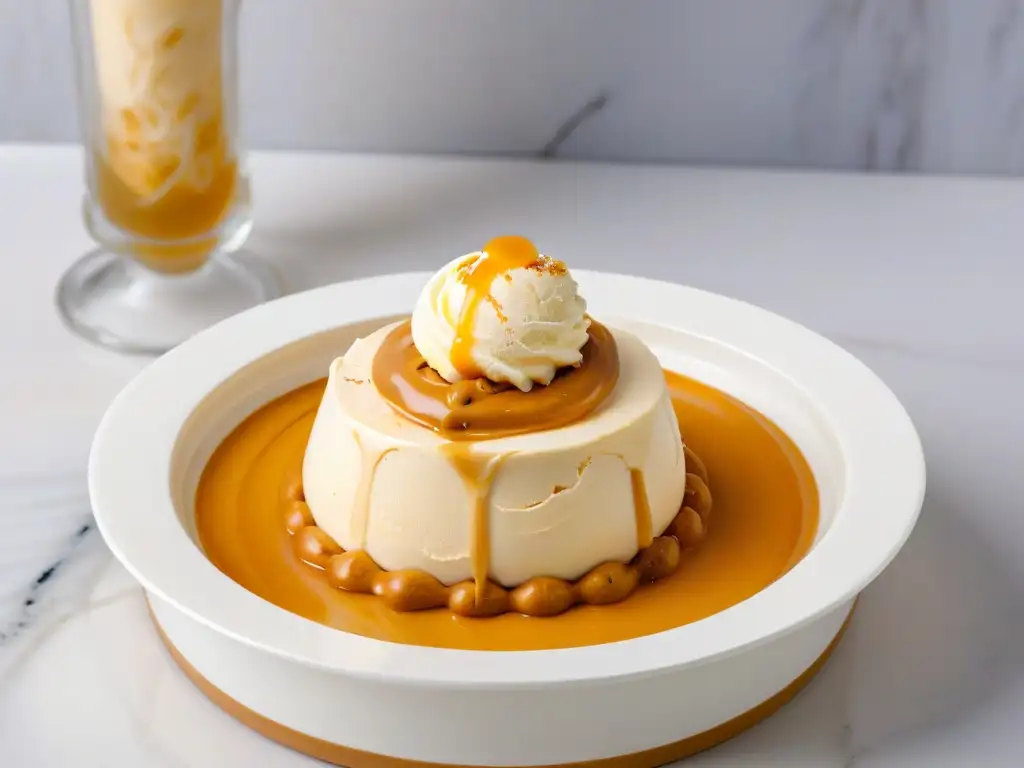 Un helado dorado de mantequilla y cerveza de mantequilla, con salsa de butterscotch, en un elegante tazón blanco sobre encimera de mármol