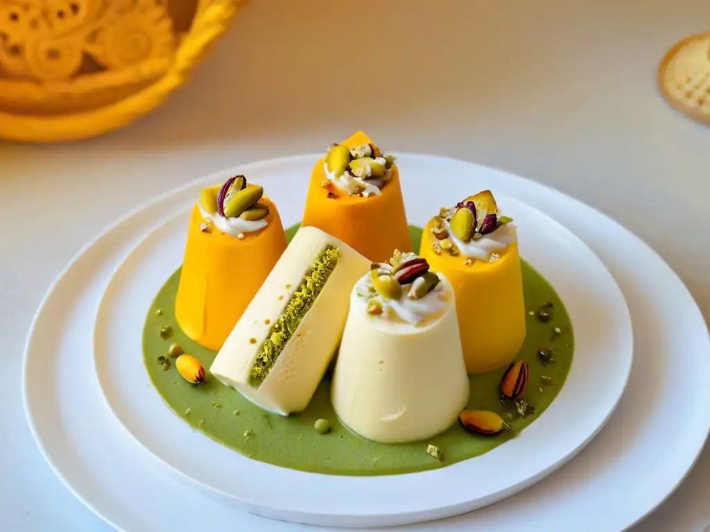 Un helado tradicional indio kulfi en un elegante plato con detalles dorados