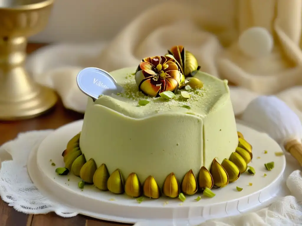 Helado tradicional indio kulfi en molde de plata sobre pistachos triturados, con elegancia y autenticidad