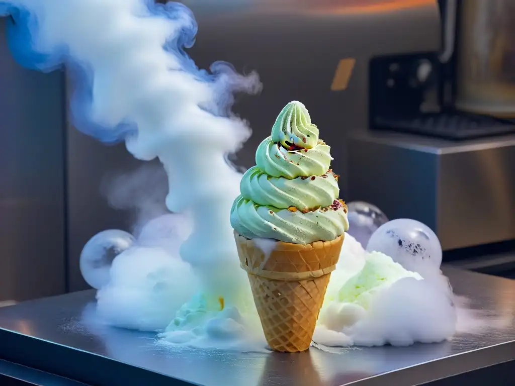 Helado ultra cremoso de nitrógeno: una creación visualmente impresionante y minimalista con vapor envolvente