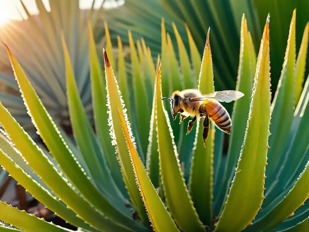 Hermosa abeja recolectando néctar de una planta de agave al atardecer, resaltando detalles, endulzante natural postres mejor elegir