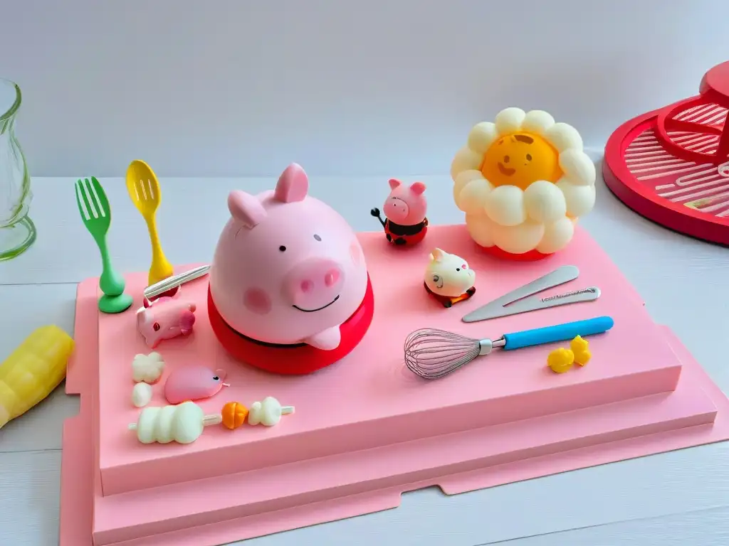 Hermosa encimera de cocina minimalista con utensilios de cocina Peppa Pig vibrantes y detallados