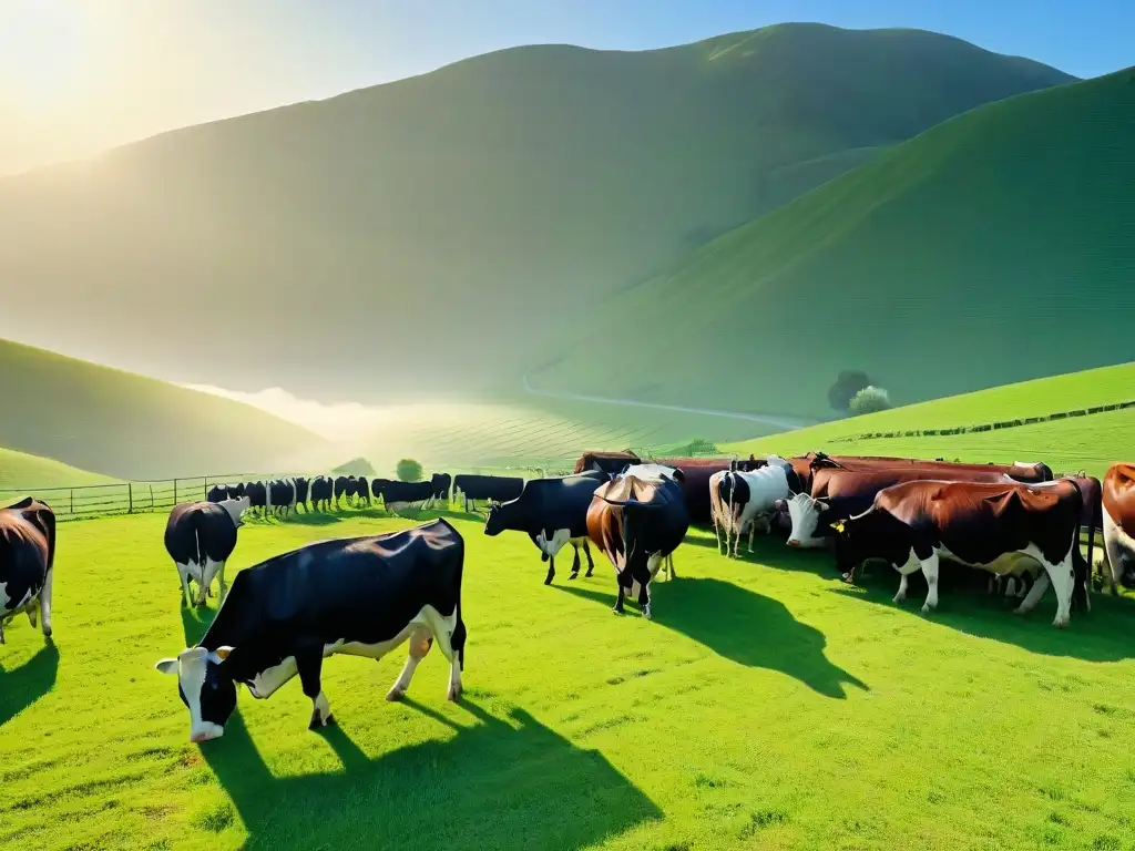 Hermosa granja lechera local al amanecer con vacas pastando en armonía