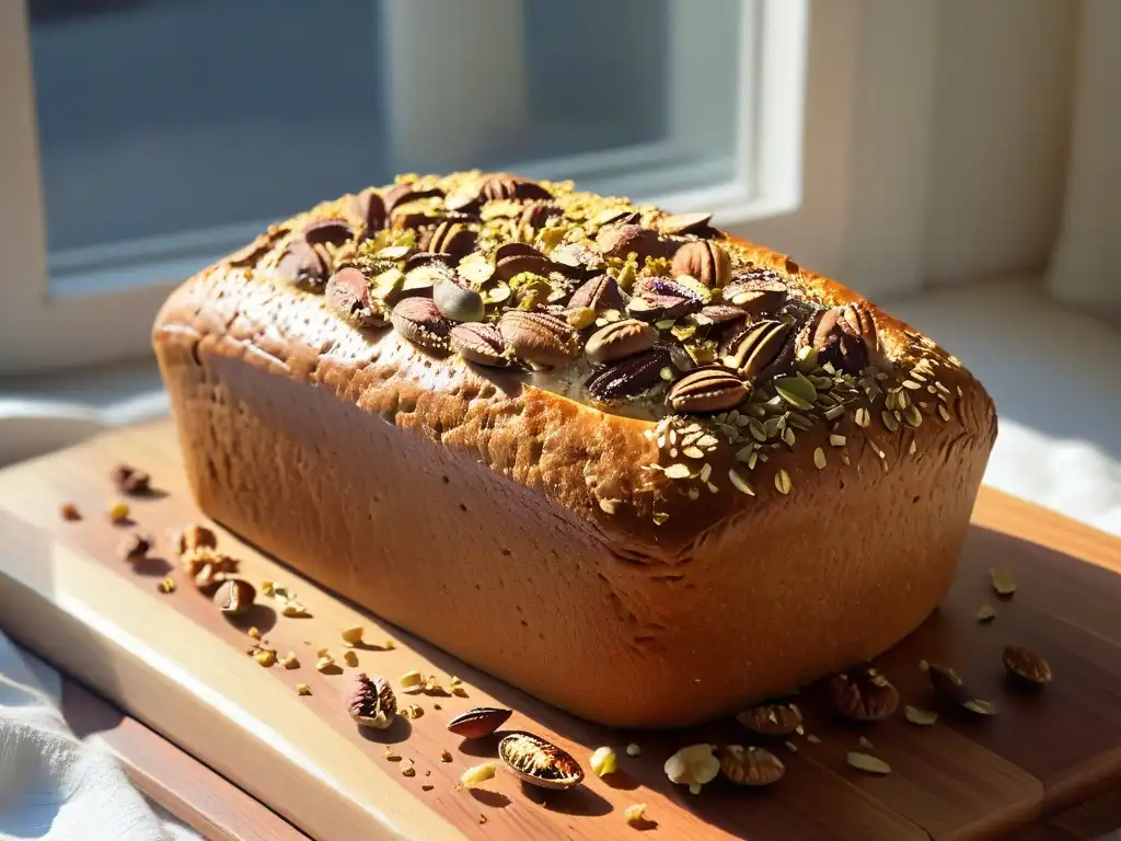 Una hermosa hogaza de pan recién horneado con nueces y semillas, en una tabla de madera rústica